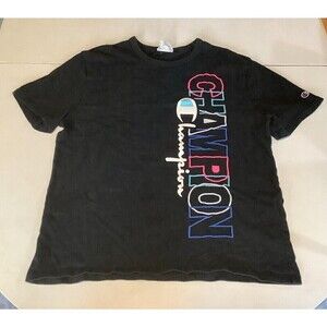 Champion T-Shirt Embroidered Black Pink Blue Size Large 100% Cotton